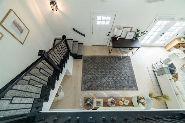 entryway featuring wood-type flooring and a high ceiling