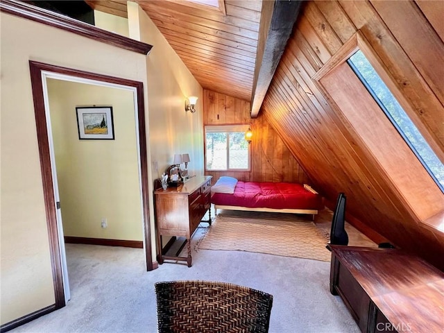 carpeted bedroom featuring vaulted ceiling with beams, wooden ceiling, and wooden walls