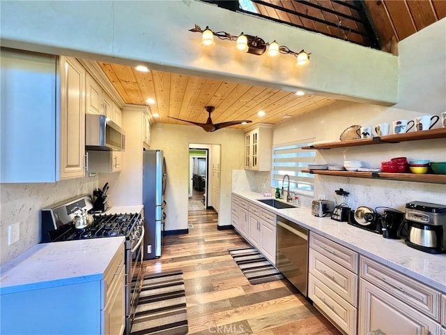 kitchen featuring sink, wood ceiling, stainless steel appliances, and light hardwood / wood-style flooring