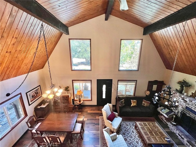 living room with beamed ceiling, dark hardwood / wood-style flooring, wood ceiling, and an inviting chandelier