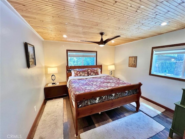 bedroom featuring hardwood / wood-style floors, ceiling fan, and wooden ceiling