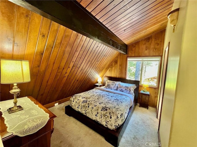 carpeted bedroom featuring wood walls, wood ceiling, and vaulted ceiling