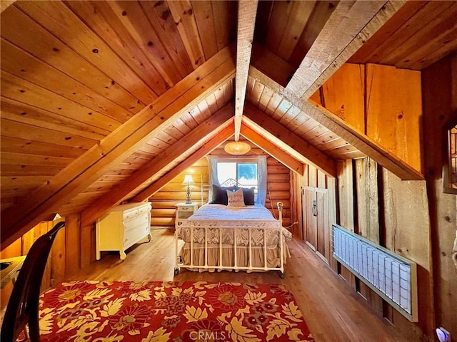 unfurnished bedroom with vaulted ceiling with beams, wooden ceiling, log walls, and light hardwood / wood-style floors