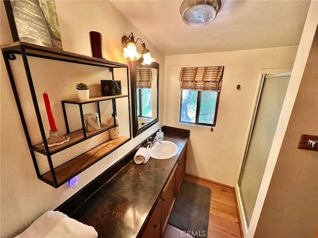 bathroom with wood-type flooring, vanity, and a shower with door