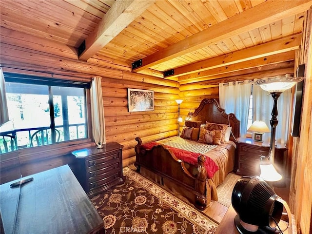 bedroom featuring hardwood / wood-style flooring, access to exterior, log walls, beamed ceiling, and wood ceiling