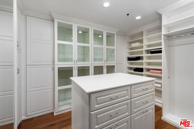 walk in closet with dark wood-type flooring