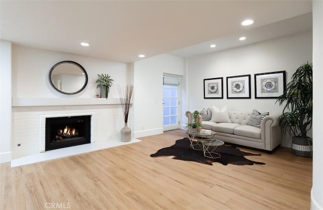 living room with a fireplace and light hardwood / wood-style flooring