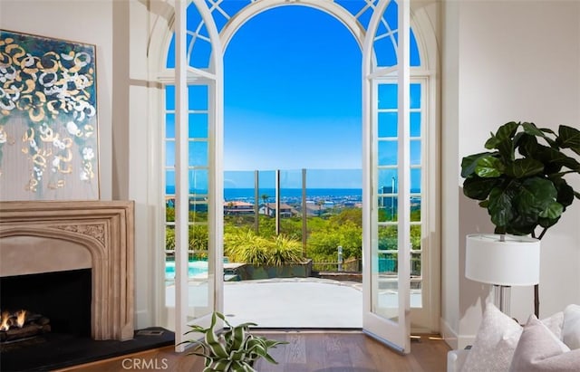 entryway with french doors and hardwood / wood-style flooring