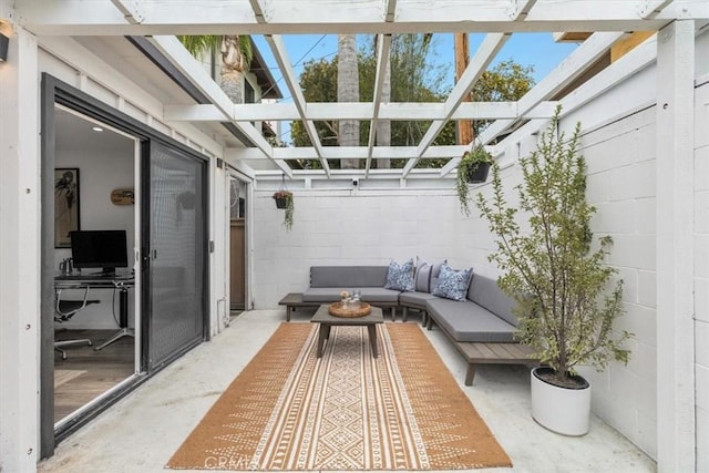 view of patio with outdoor lounge area and a pergola