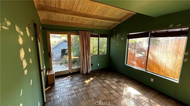 unfurnished sunroom with vaulted ceiling with beams and wooden ceiling