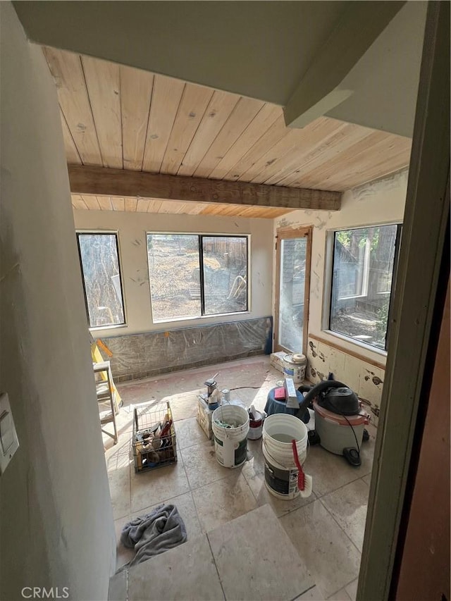 bedroom featuring beamed ceiling and wooden ceiling