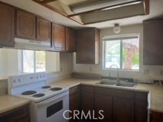 kitchen featuring sink, white electric range oven, and a healthy amount of sunlight