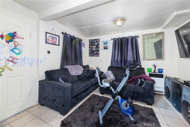 tiled living room featuring radiator