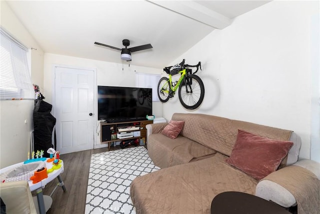 living room featuring lofted ceiling with beams, hardwood / wood-style flooring, and ceiling fan