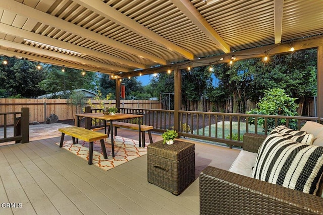 wooden terrace featuring a pergola and outdoor lounge area