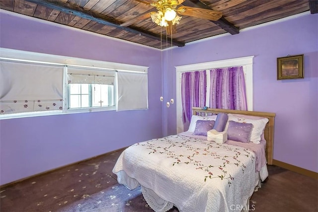 bedroom with wooden ceiling, beamed ceiling, and ceiling fan