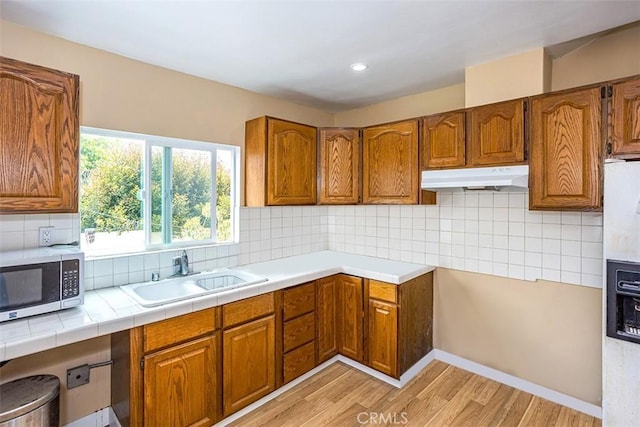 kitchen featuring light wood-type flooring, sink, and decorative backsplash