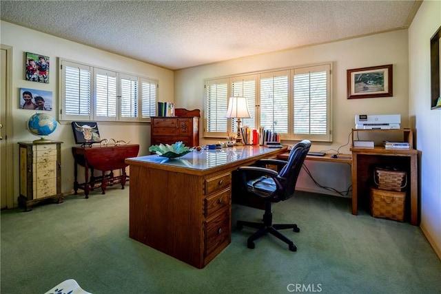 office space featuring a textured ceiling and light colored carpet