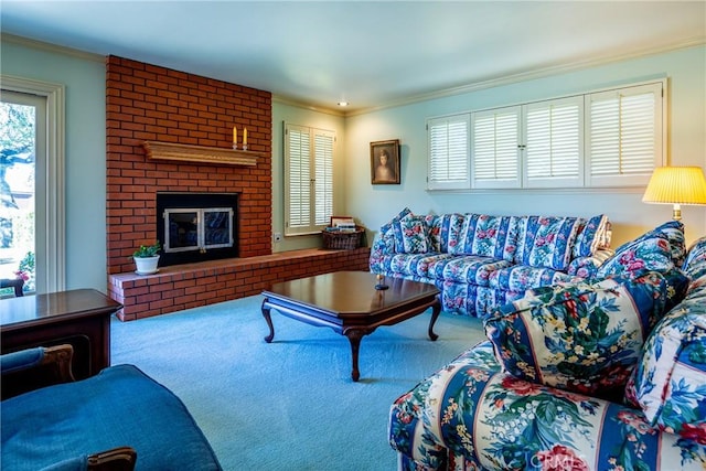 carpeted living room with crown molding and a fireplace