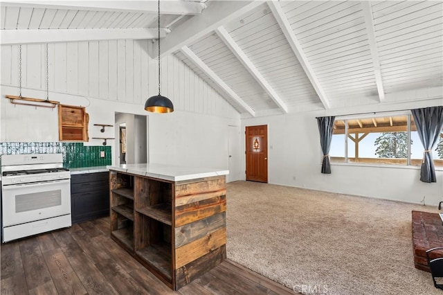 kitchen featuring white gas range oven, hanging light fixtures, tasteful backsplash, lofted ceiling with beams, and dark hardwood / wood-style flooring