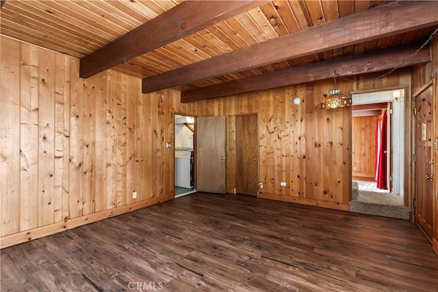 unfurnished room with wood ceiling, beam ceiling, wooden walls, and dark wood-type flooring