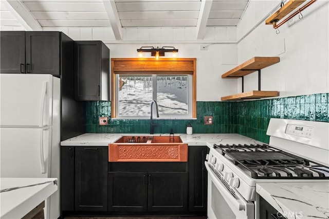 kitchen featuring white appliances, beam ceiling, light stone countertops, and wooden ceiling