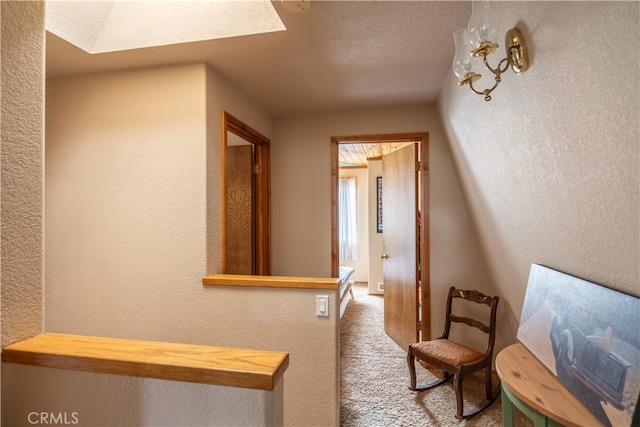 hallway featuring a textured ceiling, carpet flooring, and a skylight