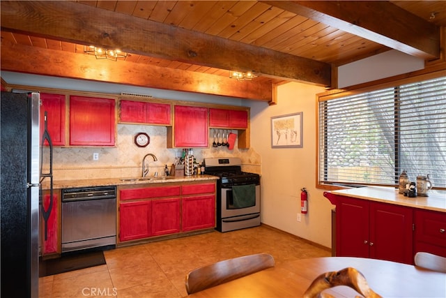 kitchen featuring beam ceiling, backsplash, light tile patterned flooring, sink, and stainless steel appliances