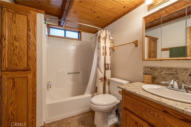 full bathroom with toilet, wood ceiling, vanity, and shower / bathtub combination with curtain