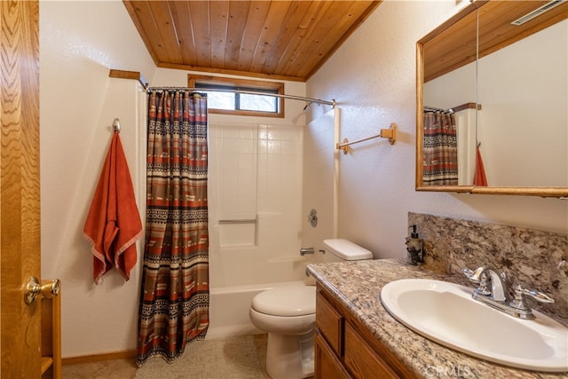 full bathroom with shower / bath combo with shower curtain, vanity, wood ceiling, and toilet