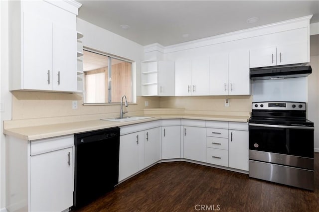 kitchen with sink, white cabinetry, dishwasher, and stainless steel electric range