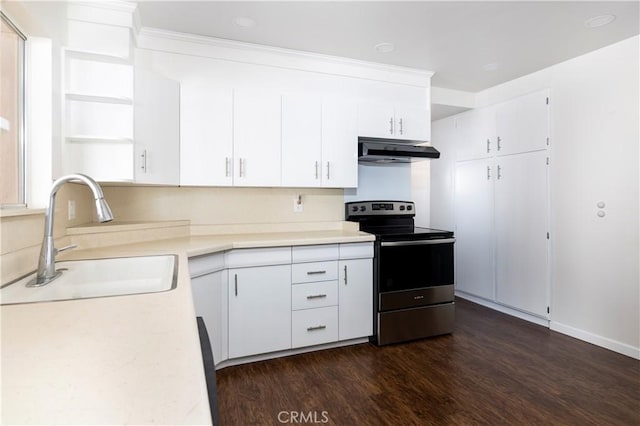 kitchen featuring white cabinets, stainless steel electric range, dark wood-type flooring, and sink