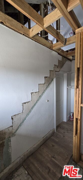 staircase with dark hardwood / wood-style floors