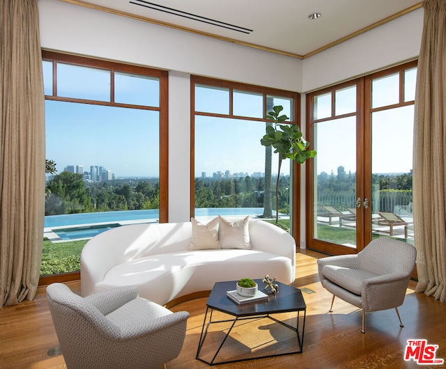 living room featuring light hardwood / wood-style floors and french doors