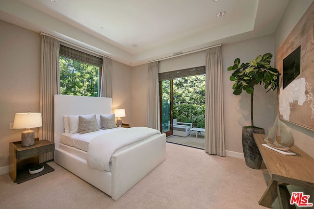 carpeted bedroom with access to exterior, multiple windows, and a raised ceiling