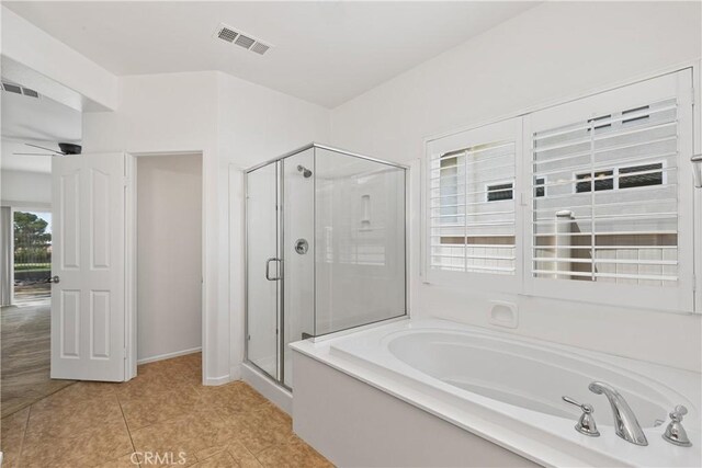 bathroom with separate shower and tub, tile patterned floors, and ceiling fan