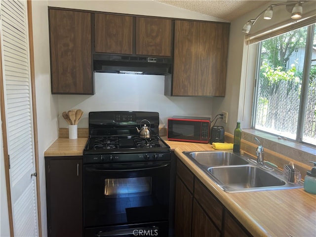 kitchen with sink, dark brown cabinetry, black appliances, and a healthy amount of sunlight