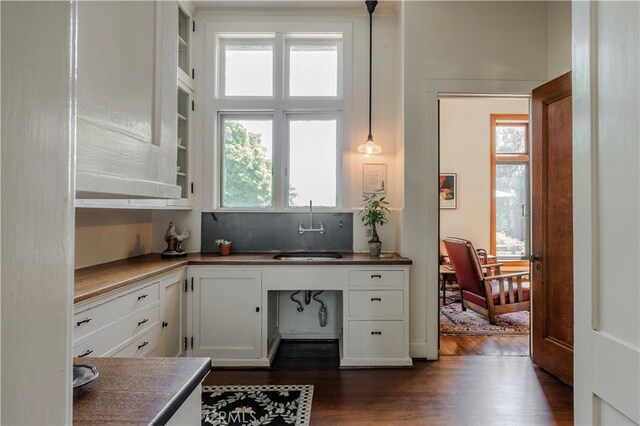 home office featuring sink and dark hardwood / wood-style floors