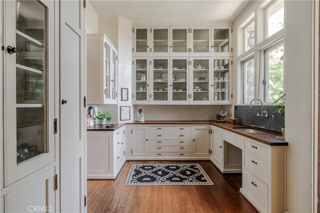 home office featuring sink and dark wood-type flooring