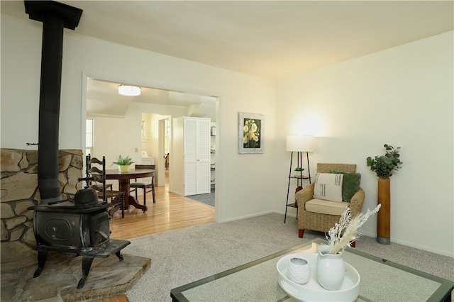 sitting room with carpet and a wood stove