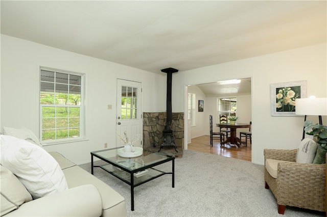 living room with hardwood / wood-style flooring and a wood stove