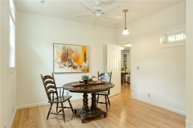 dining room with ceiling fan and light hardwood / wood-style flooring