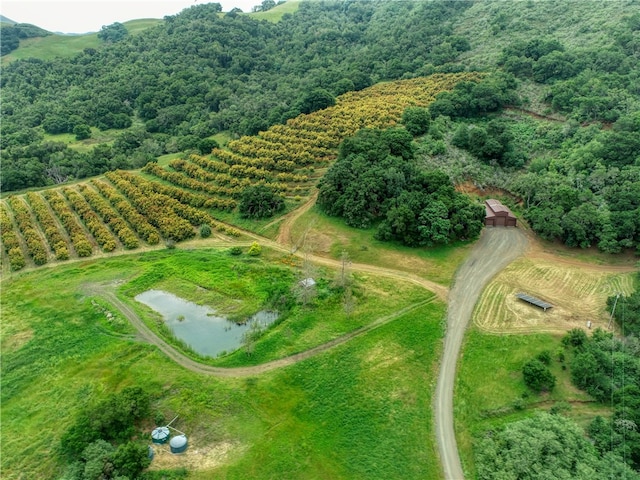 aerial view featuring a rural view and a water view