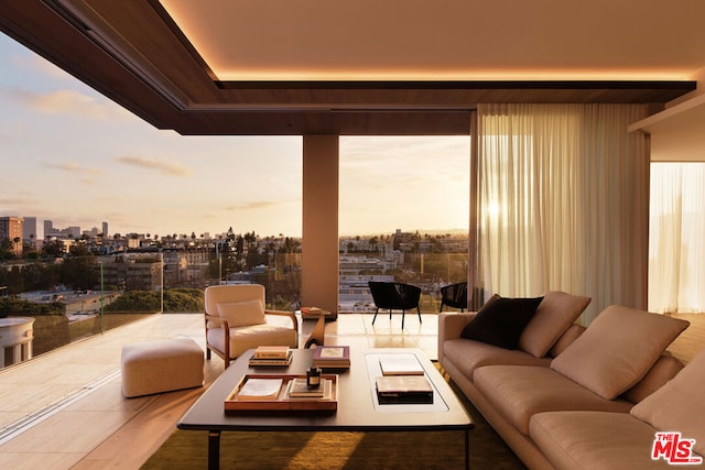 patio terrace at dusk with an outdoor hangout area