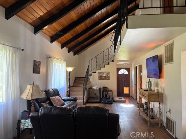 living room featuring beamed ceiling, dark hardwood / wood-style flooring, high vaulted ceiling, and wood ceiling