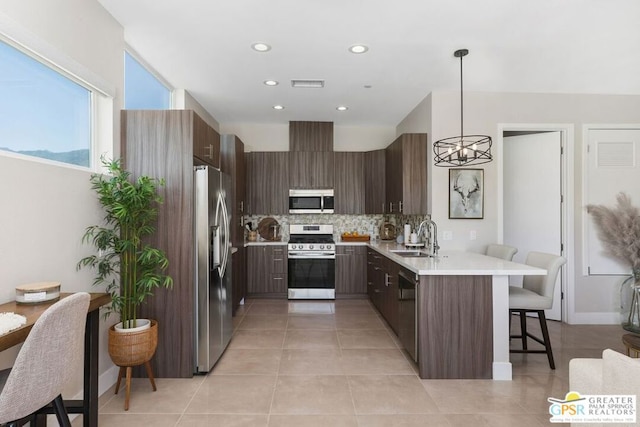 kitchen with sink, hanging light fixtures, a kitchen bar, kitchen peninsula, and stainless steel appliances