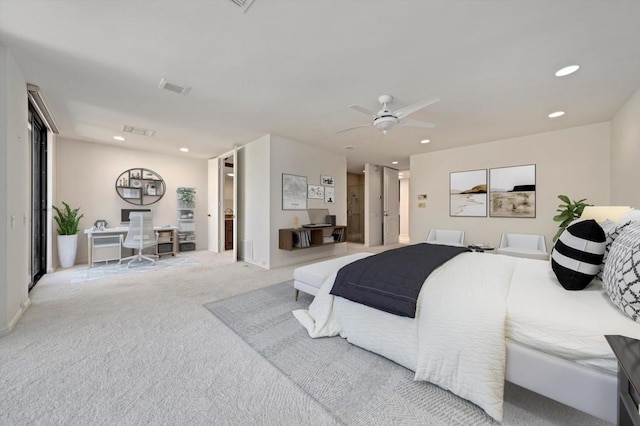 carpeted bedroom with ceiling fan