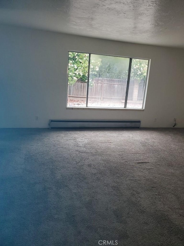 empty room featuring baseboard heating, a wealth of natural light, carpet flooring, and a textured ceiling