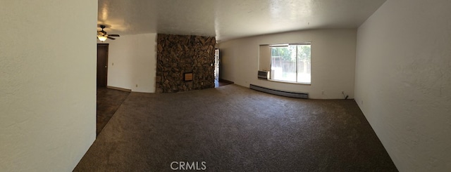 unfurnished living room featuring carpet flooring, a baseboard radiator, and ceiling fan