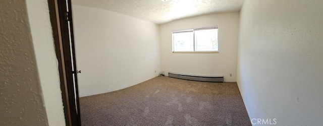 unfurnished room with carpet flooring, a baseboard radiator, and a textured ceiling